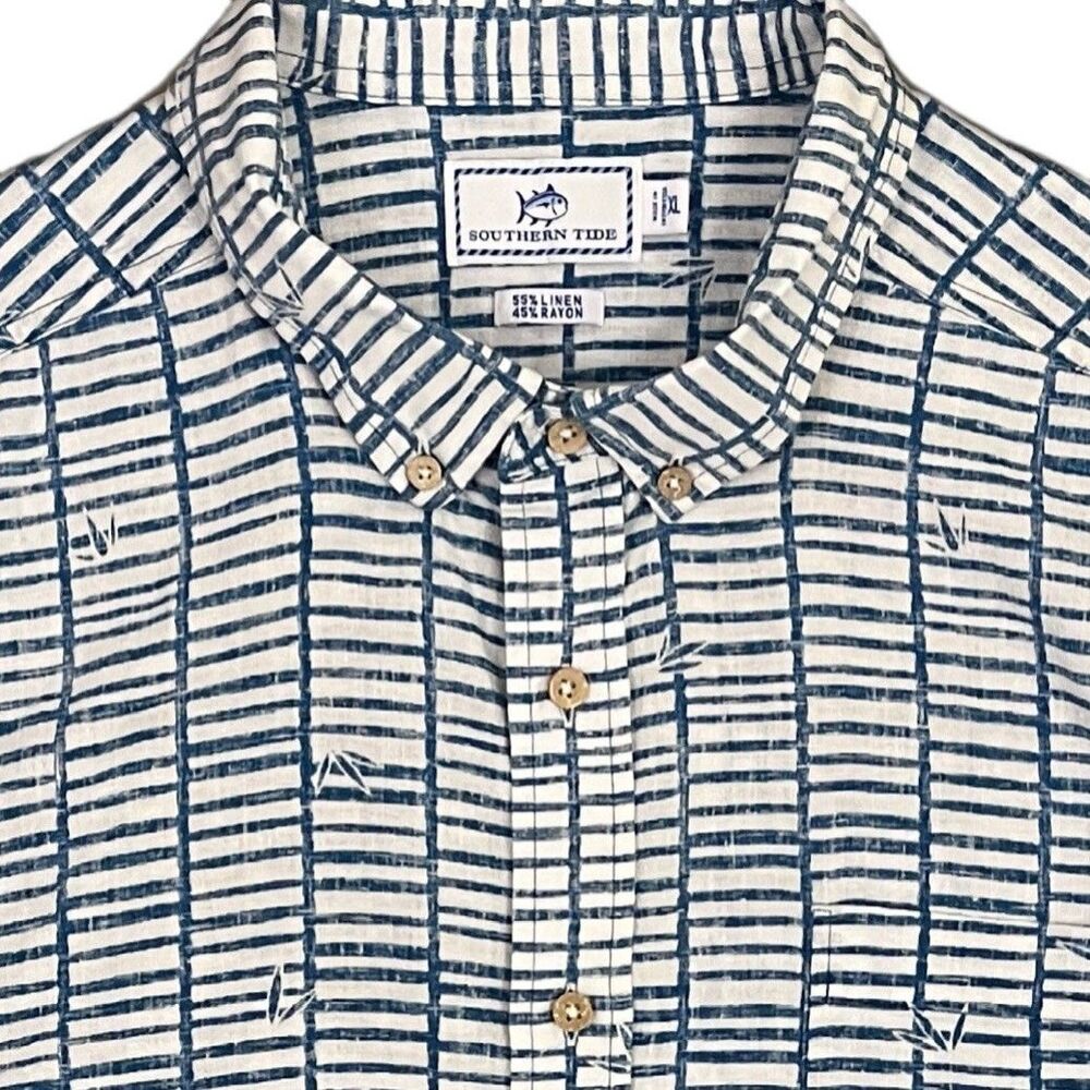 Southern Tide Men's XL Linen/Rayon Striped Short Sleeve Button-Up